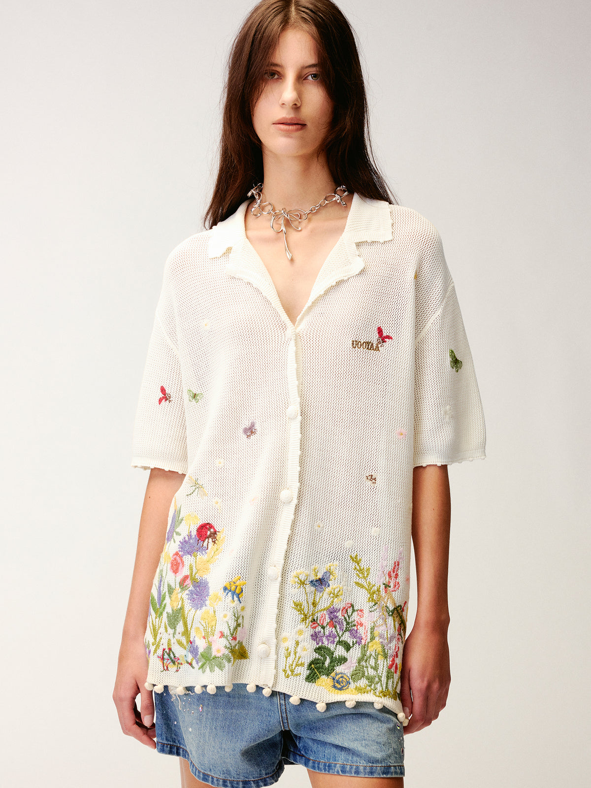 Hand-embroidered insect and floral cuban collar cardigan