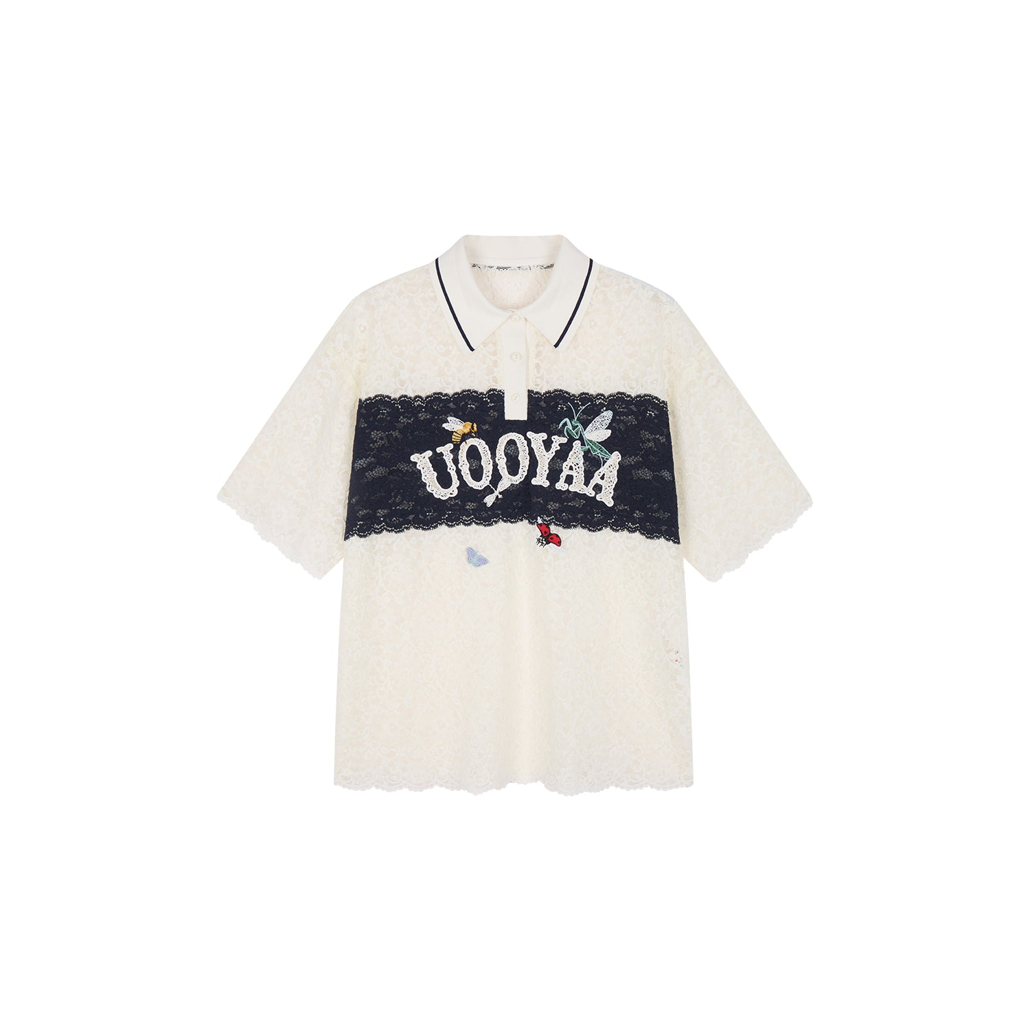 Polo collar lace cutout embroidered patchwork T-shirt