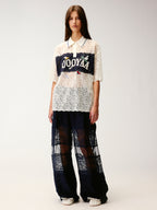 Polo collar lace cutout embroidered patchwork T-shirt