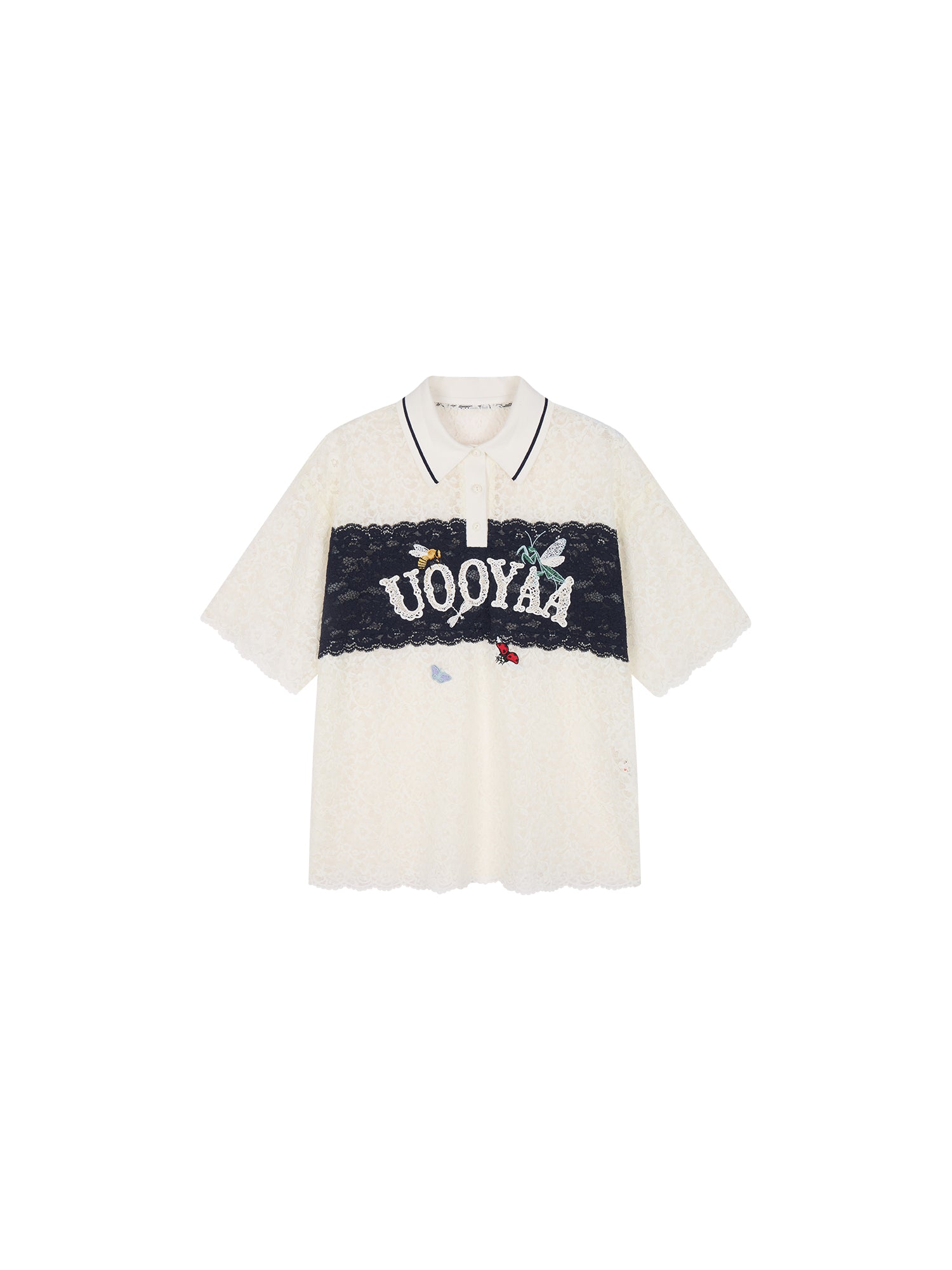 Polo collar lace cutout embroidered patchwork T-shirt