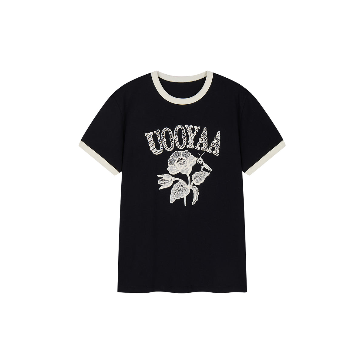 Lace insect and floral motif ringer T-shirt