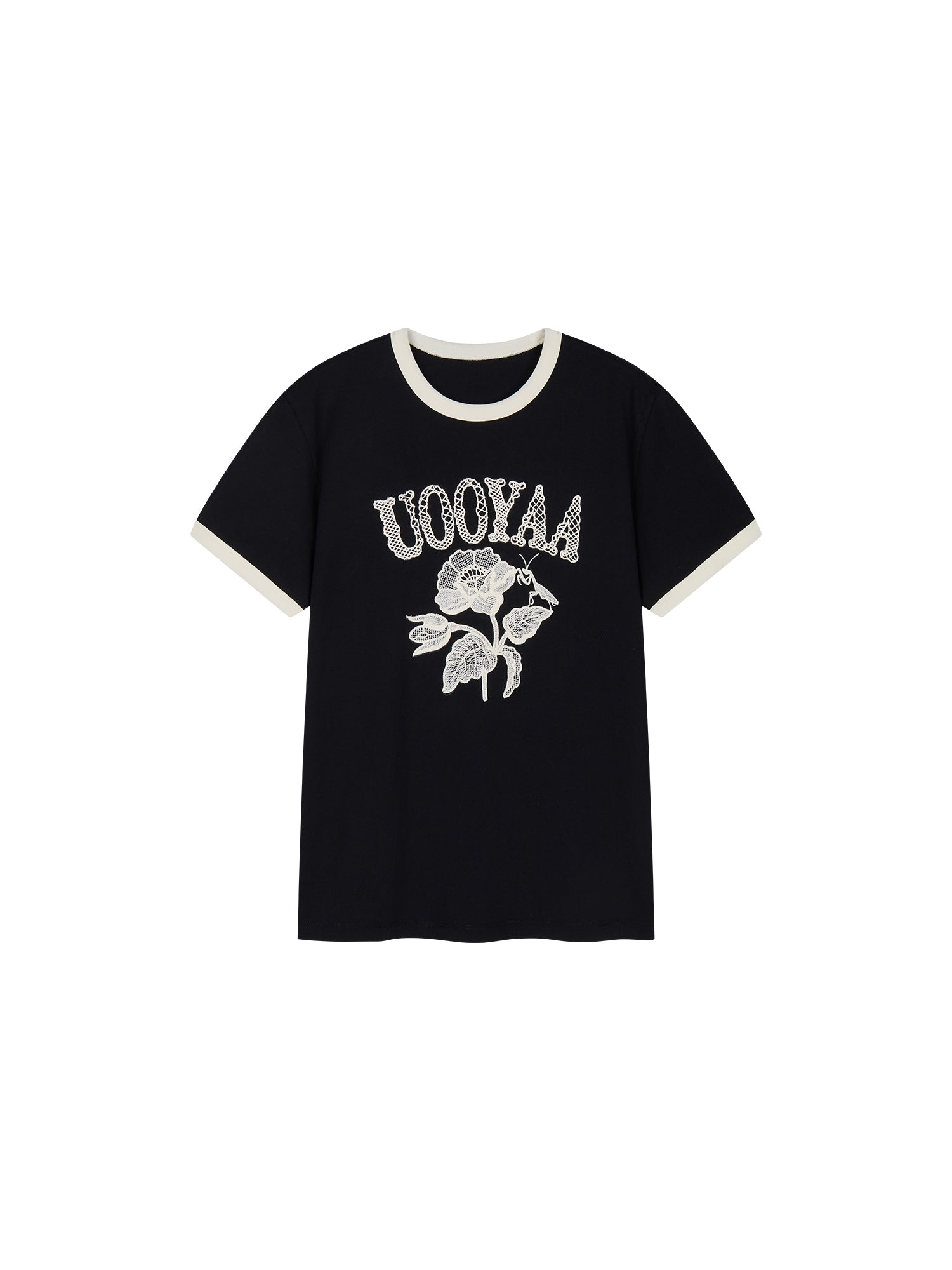 Lace insect and floral motif ringer T-shirt