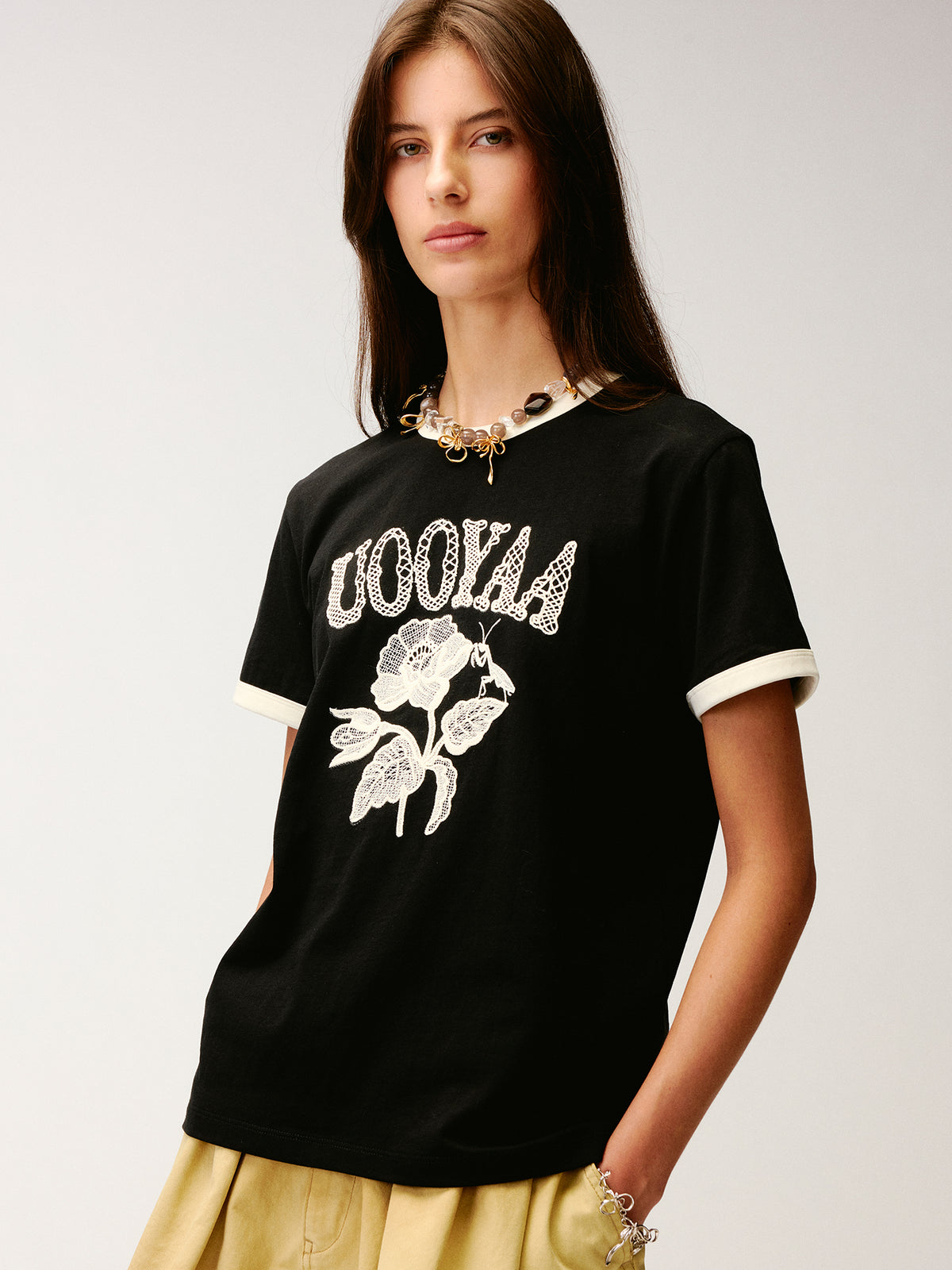 Lace insect and floral motif ringer T-shirt