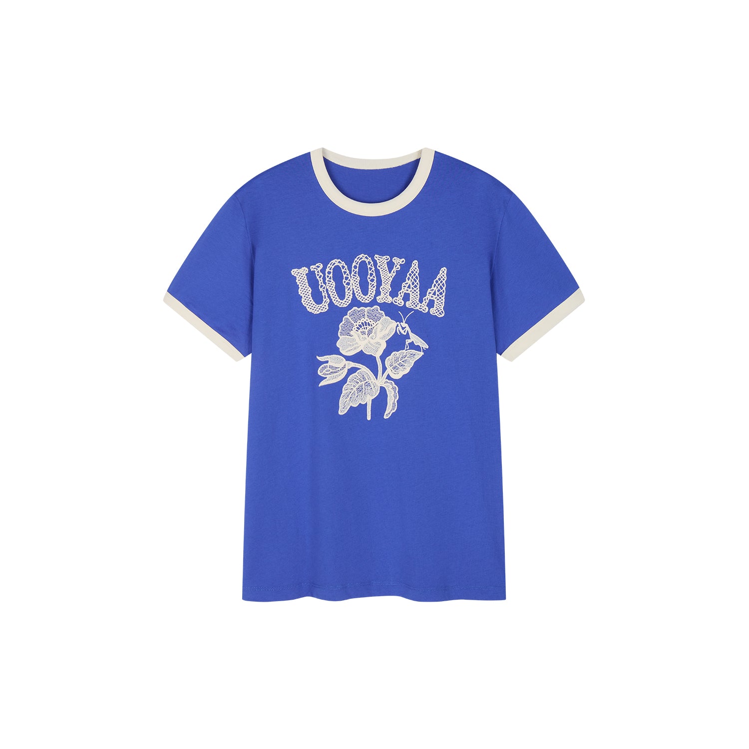 Lace insect and floral motif ringer T-shirt