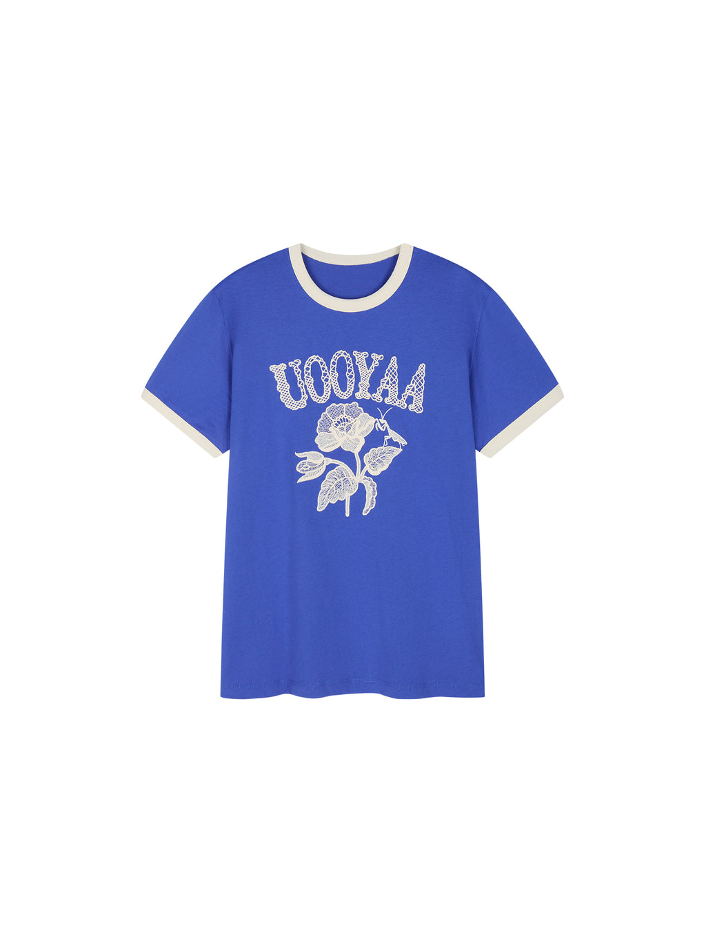 Lace insect and floral motif ringer T-shirt