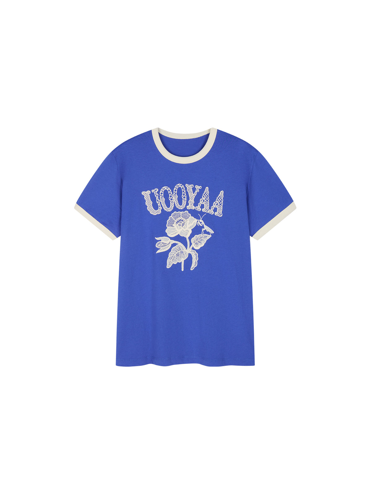 Lace insect and floral motif ringer T-shirt