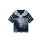 Striped sailor collar lace print T-shirt