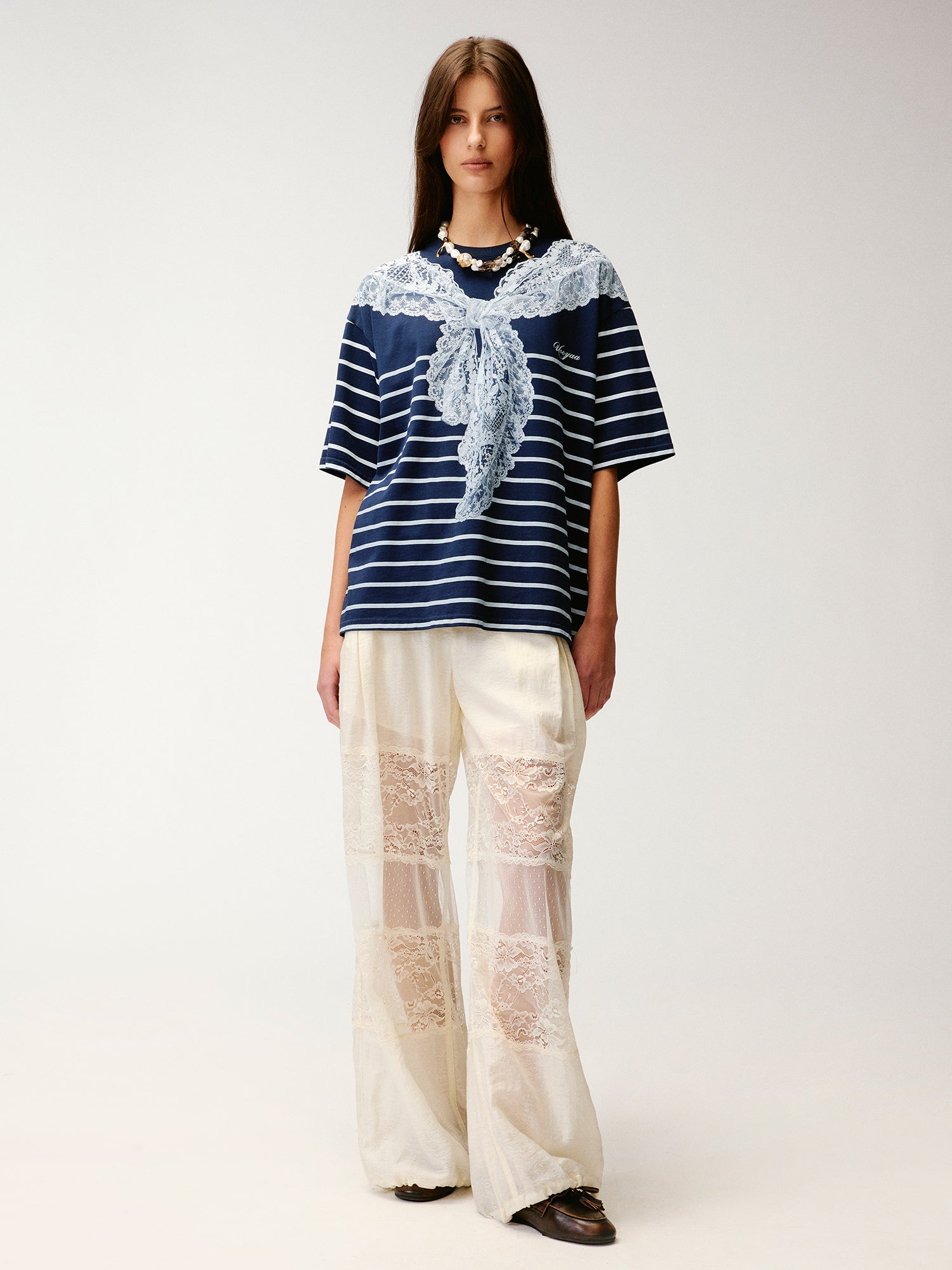 Striped sailor collar lace print T-shirt