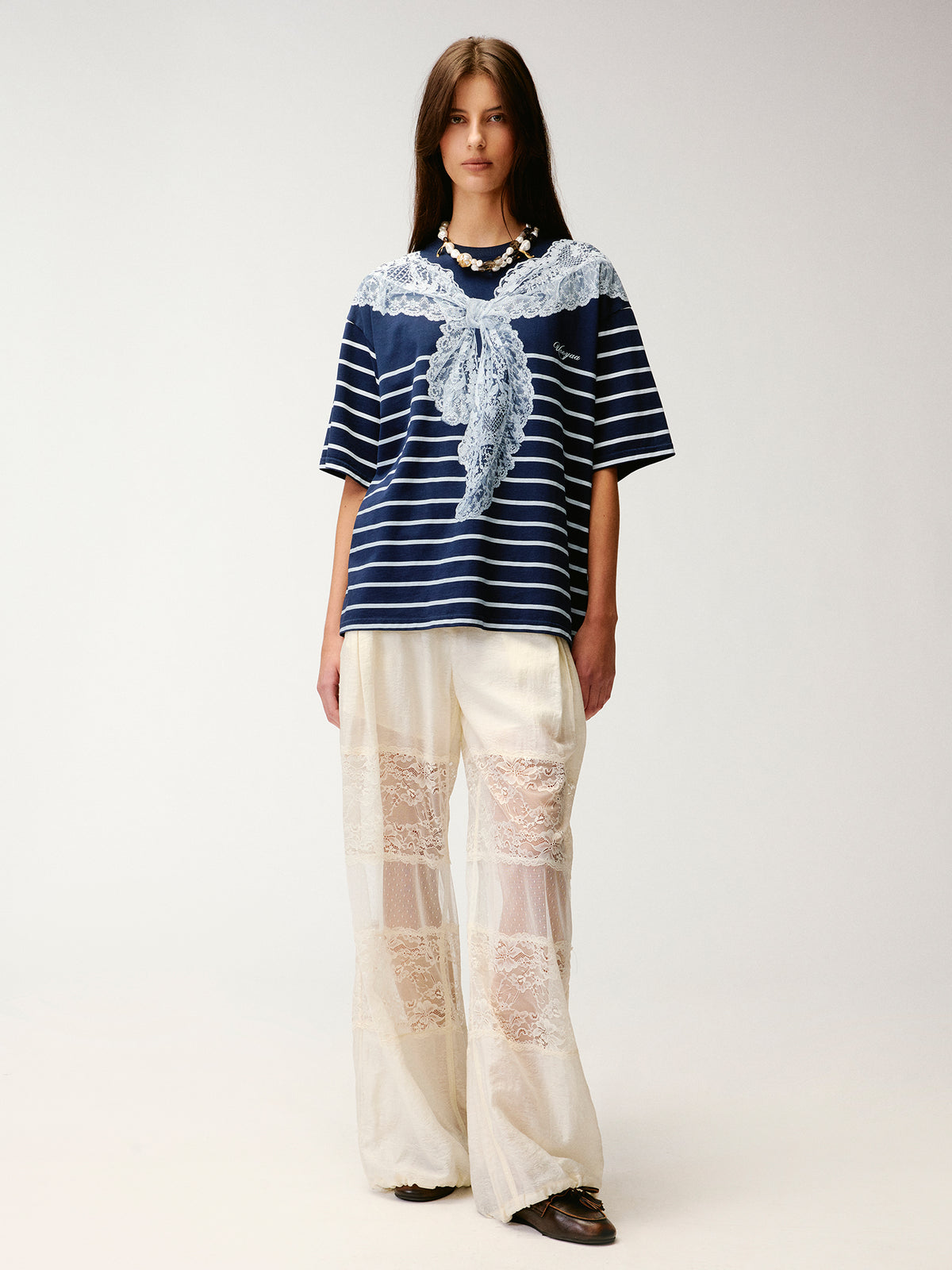 Striped sailor collar lace print T-shirt