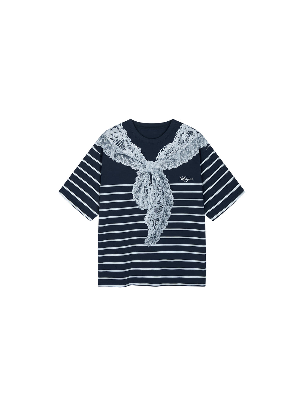 Striped sailor collar lace print T-shirt