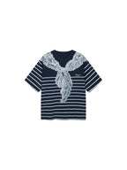 Striped sailor collar lace print T-shirt
