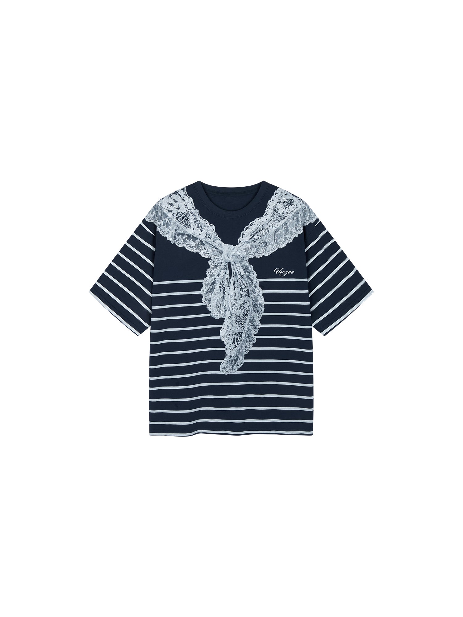 Striped sailor collar lace print T-shirt
