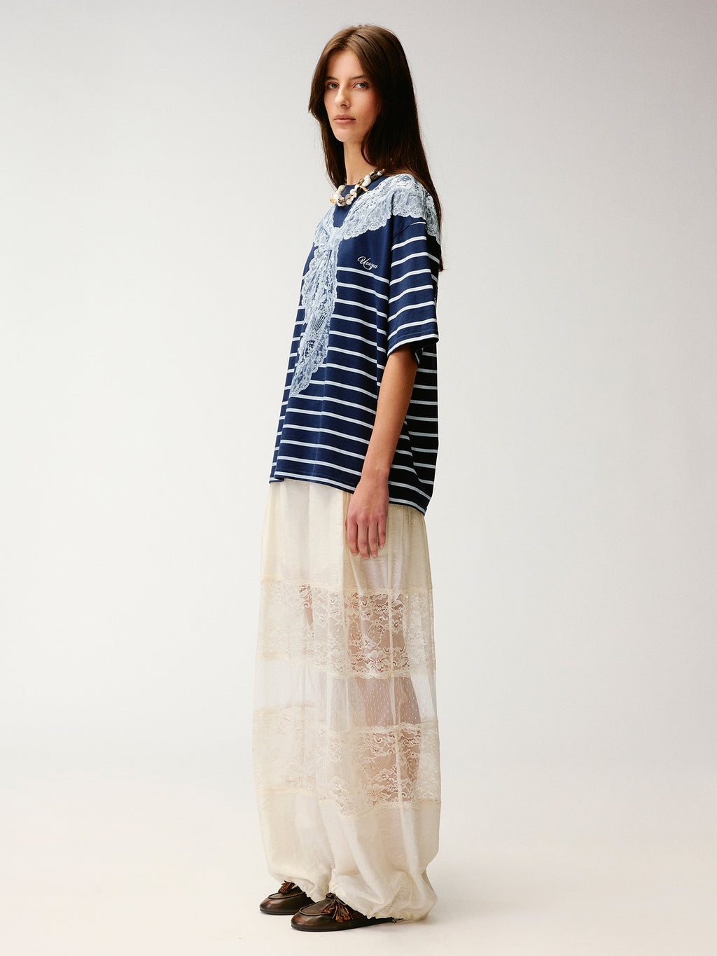 Striped sailor collar lace print T-shirt