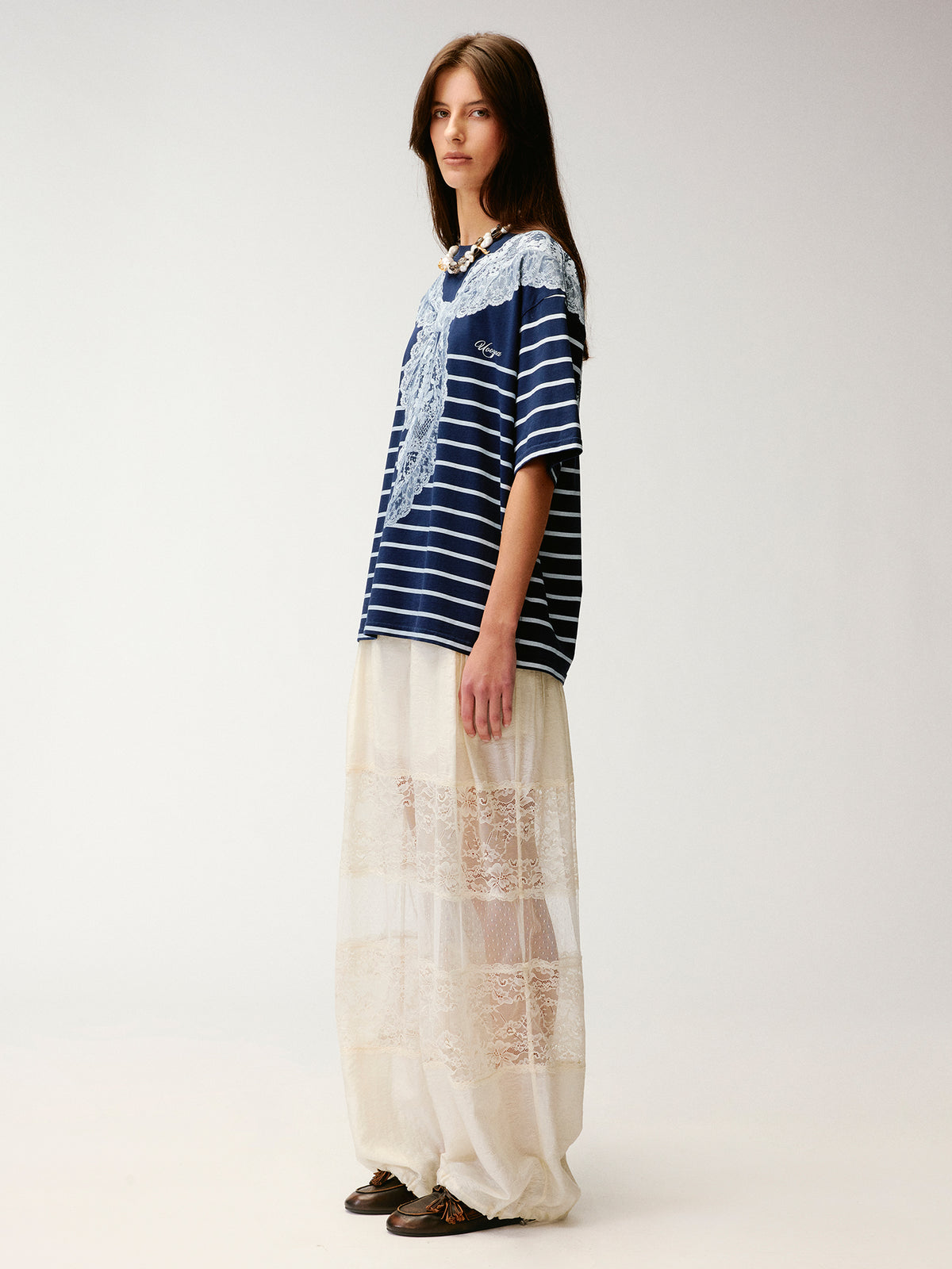 Striped sailor collar lace print T-shirt