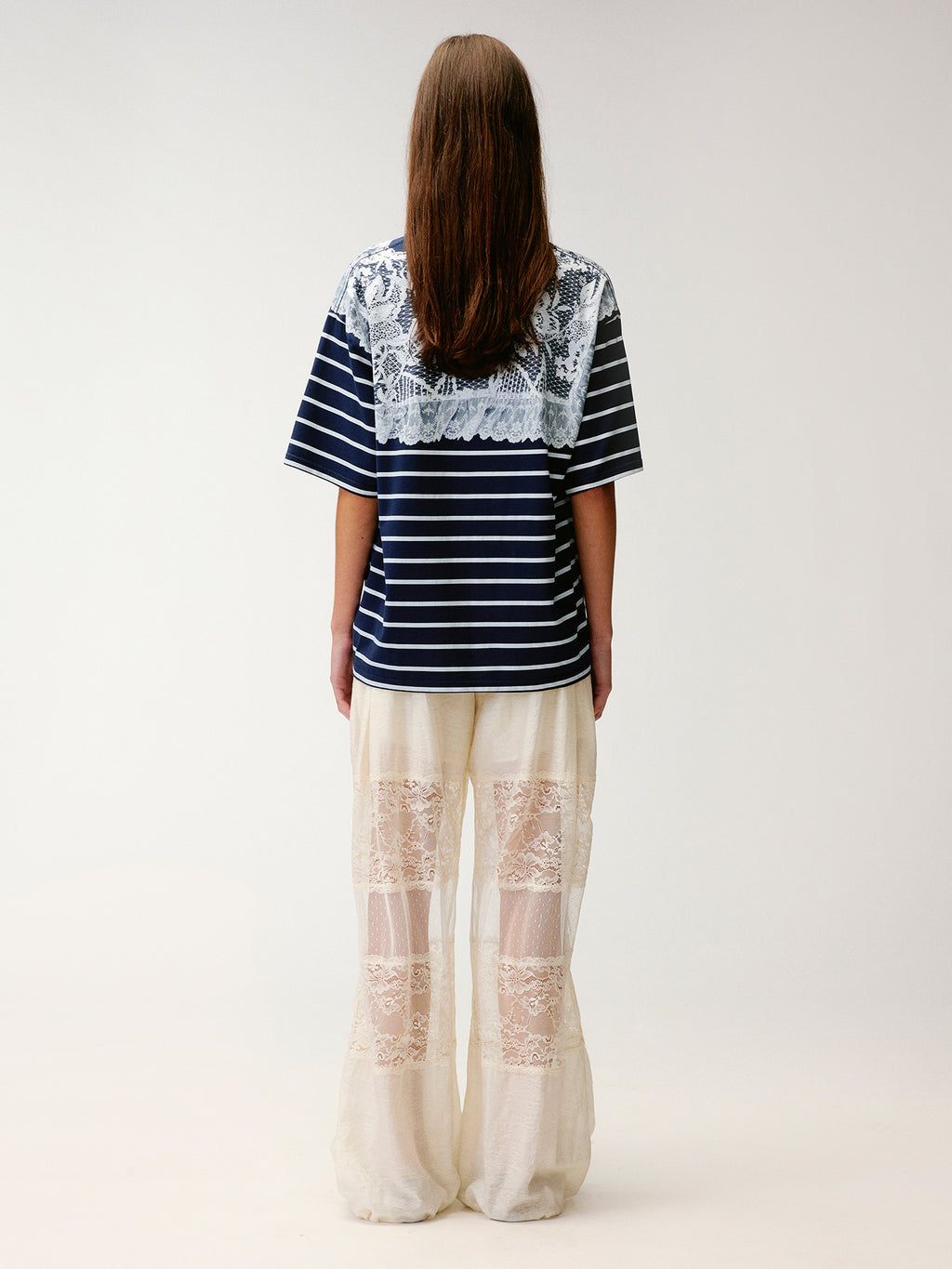 Striped sailor collar lace print T-shirt