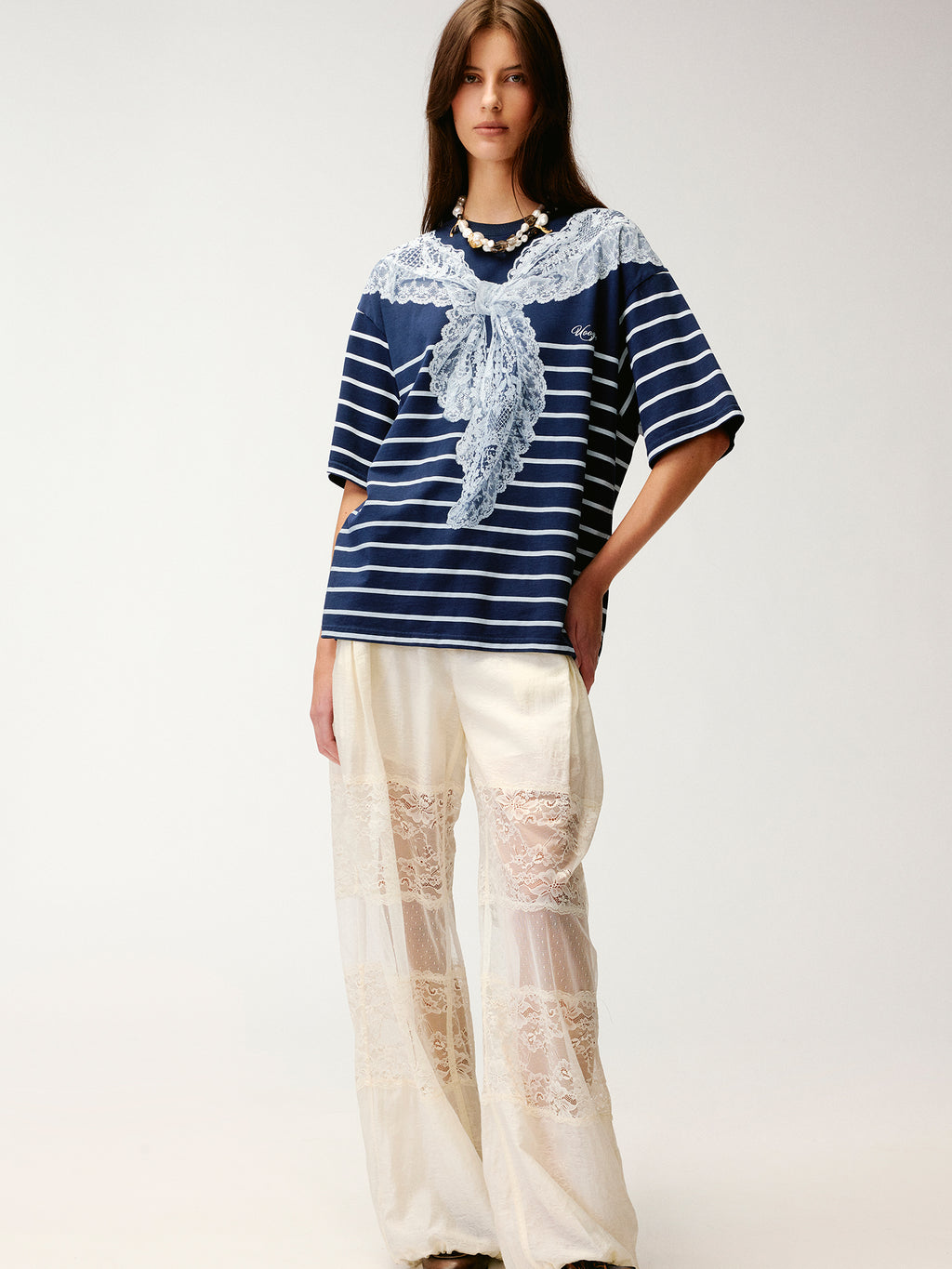 Striped sailor collar lace print T-shirt