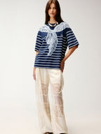 Striped sailor collar lace print T-shirt