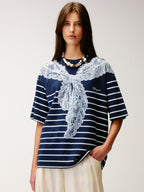 Striped sailor collar lace print T-shirt