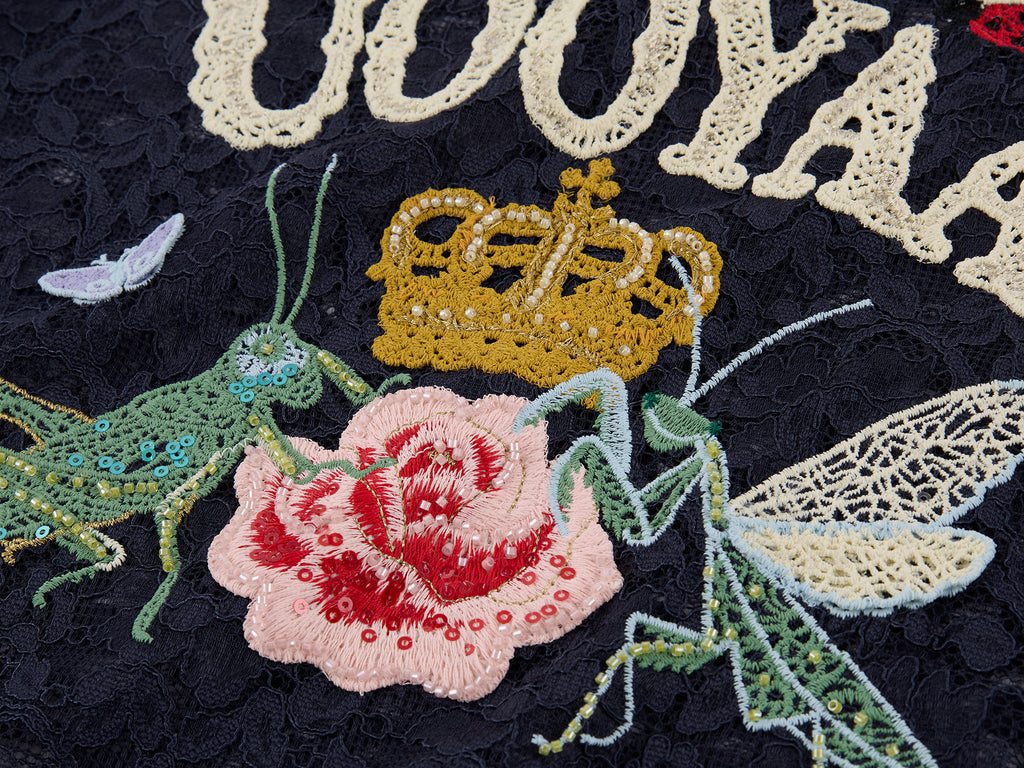 Insect and floral embroidered lace T-shirt