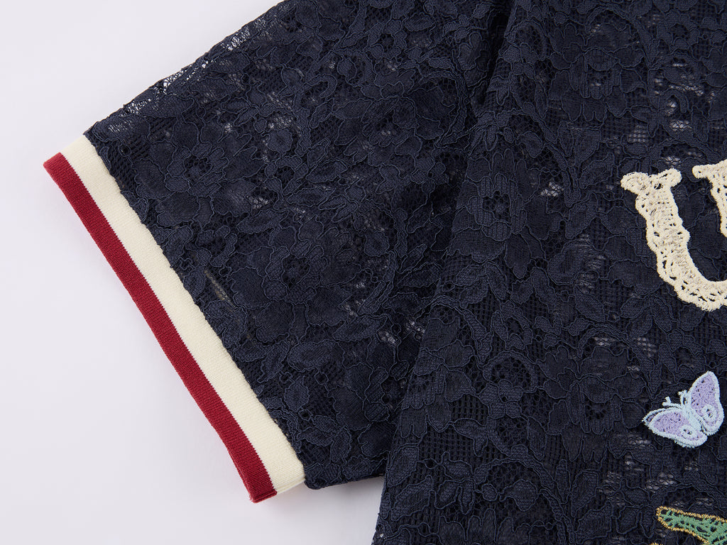 Insect and floral embroidered lace T-shirt