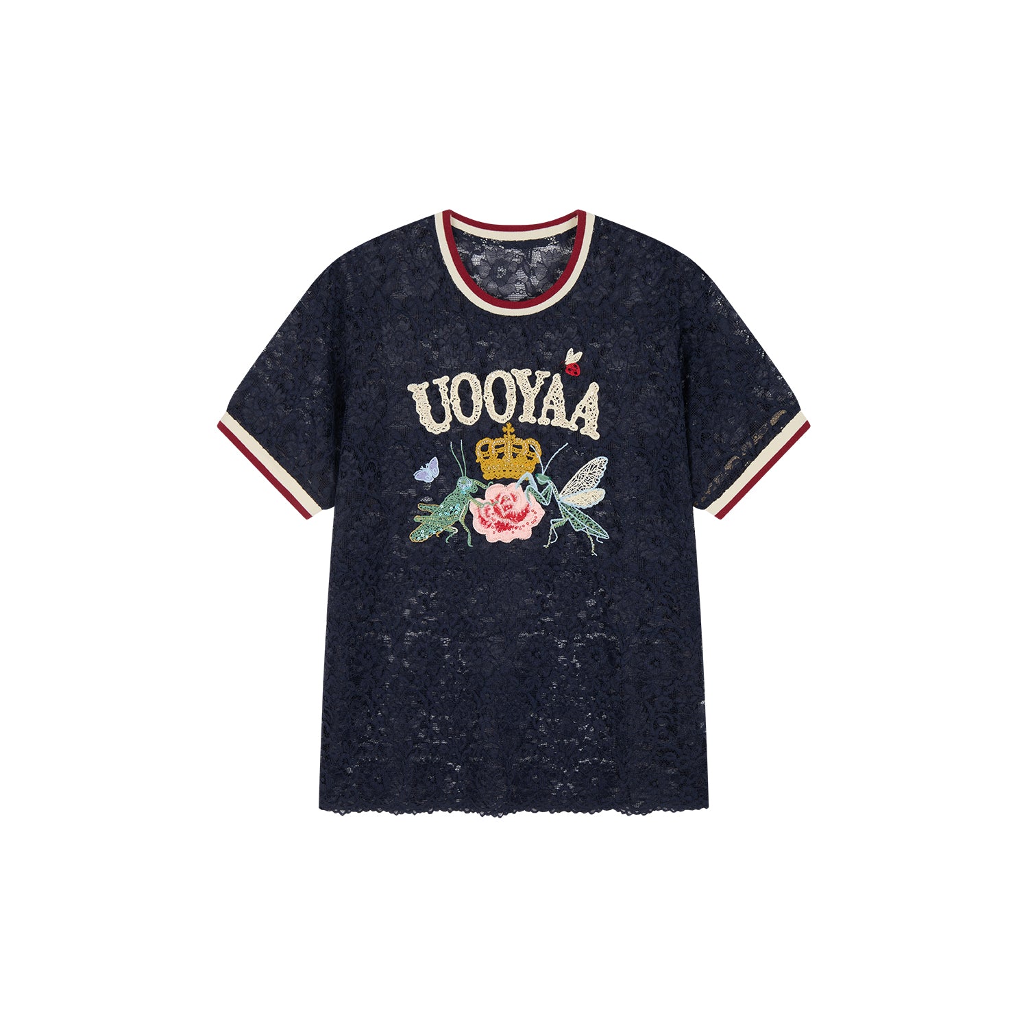 Insect and floral embroidered lace T-shirt