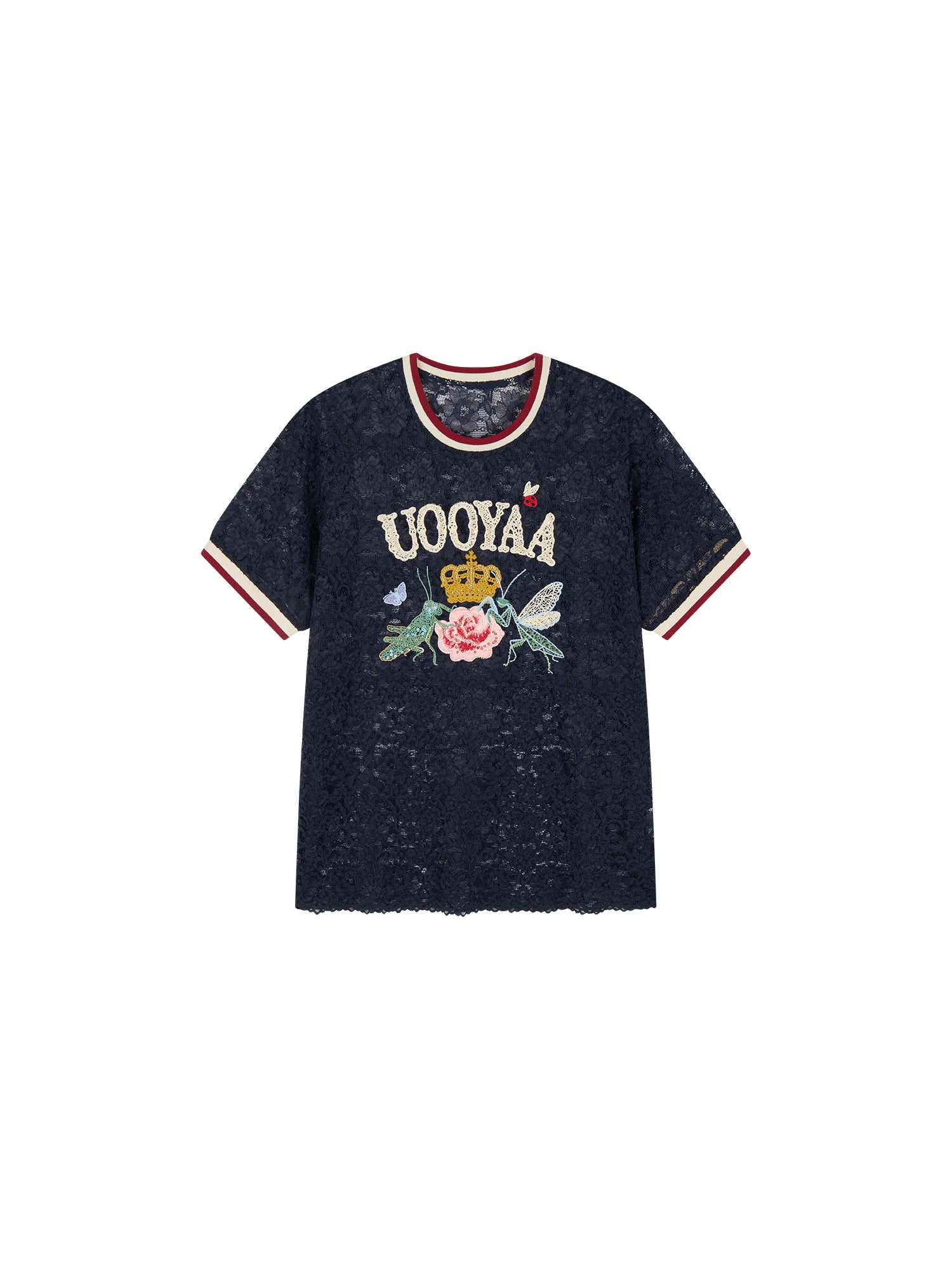 Insect and floral embroidered lace T-shirt