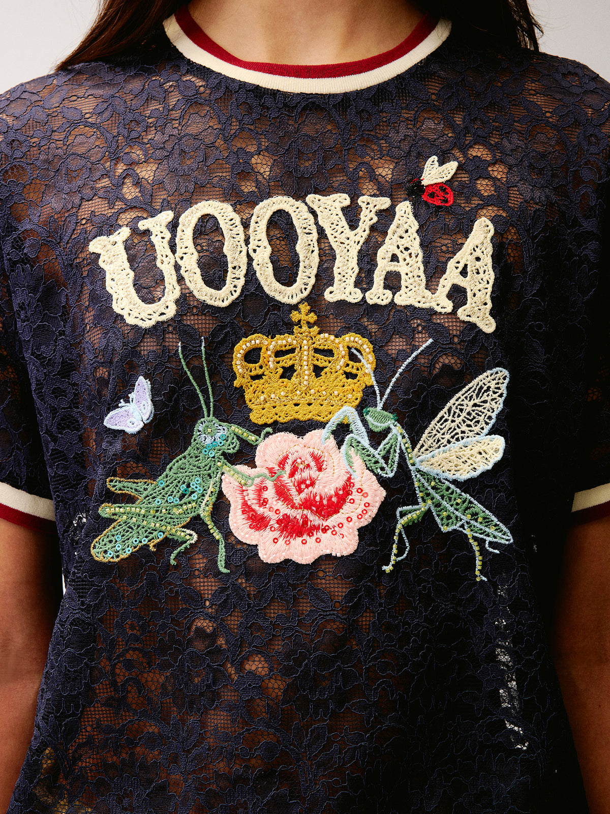 Insect and floral embroidered lace T-shirt