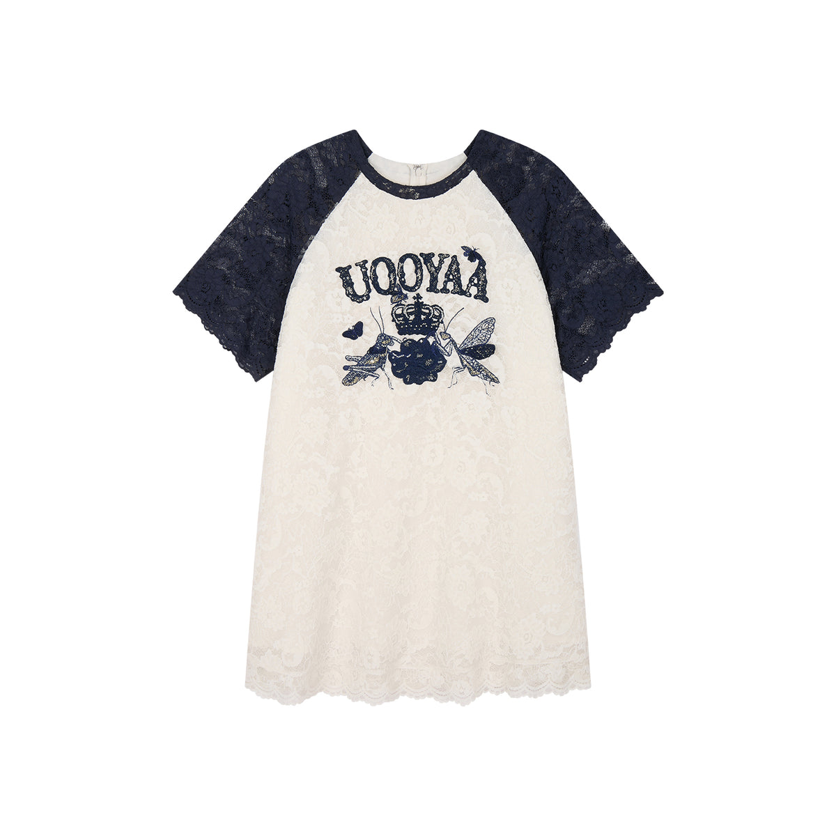 Insect and floral motif raglan sleeve lace dress