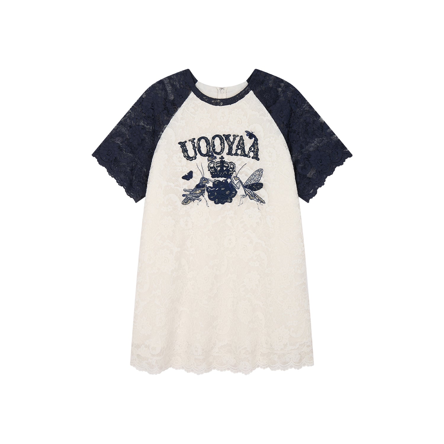 Insect and floral motif raglan sleeve lace dress