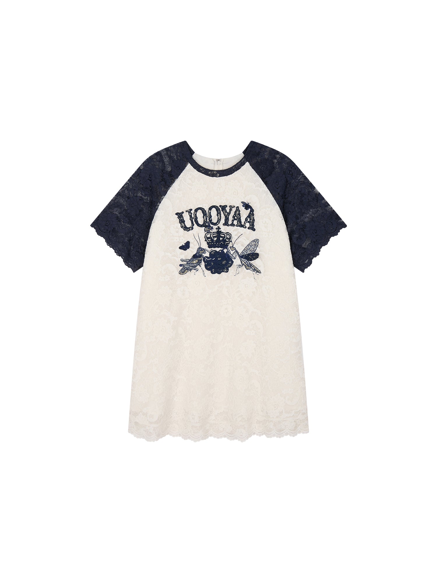 Insect and floral motif raglan sleeve lace dress