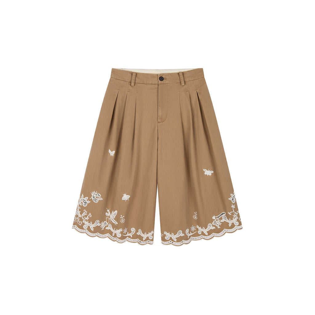 Lace insect and floral cutout embroidered shorts