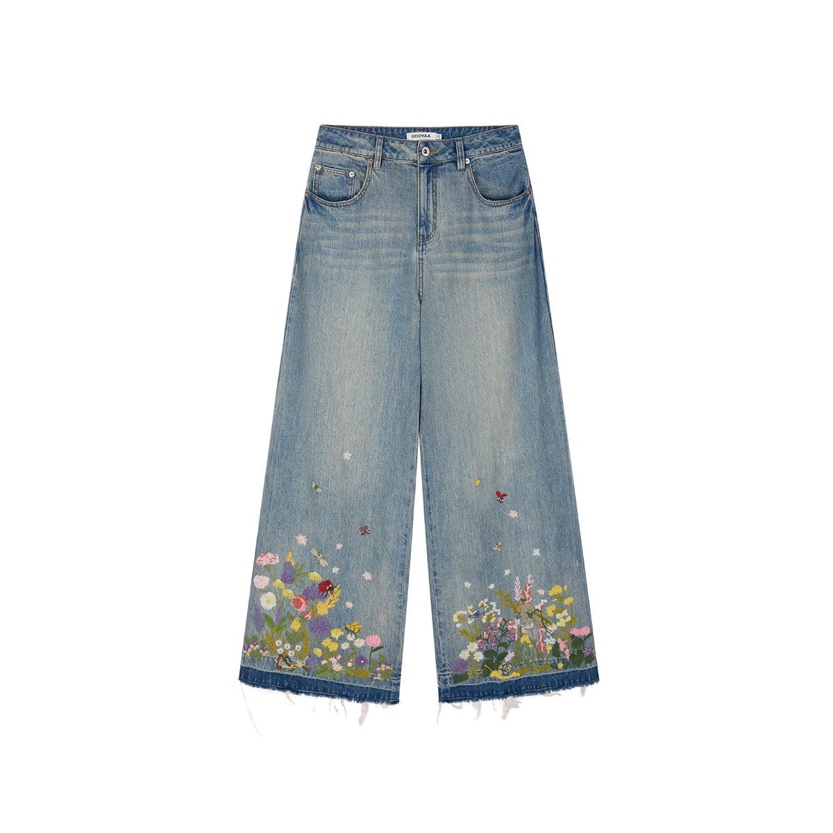 Insect and floral embroidered denim pants