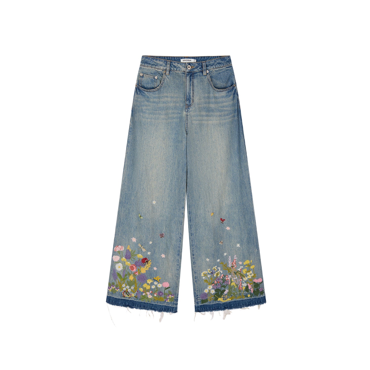 Insect and floral embroidered denim pants