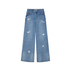 Insect-beaded rhinestone denim pants