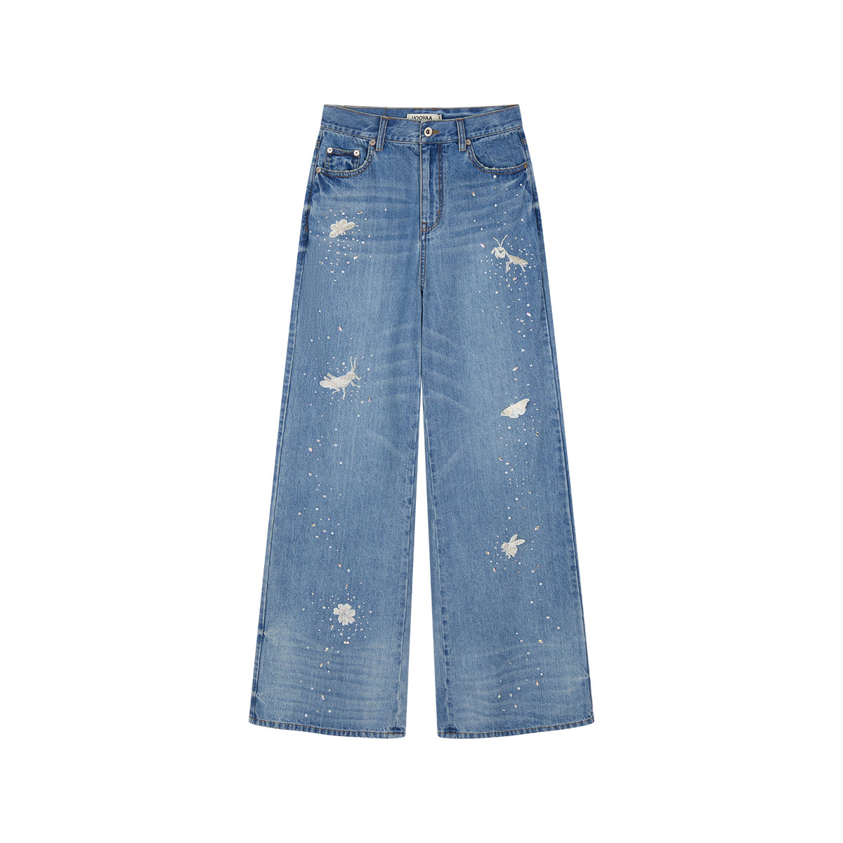 Insect-beaded rhinestone denim pants