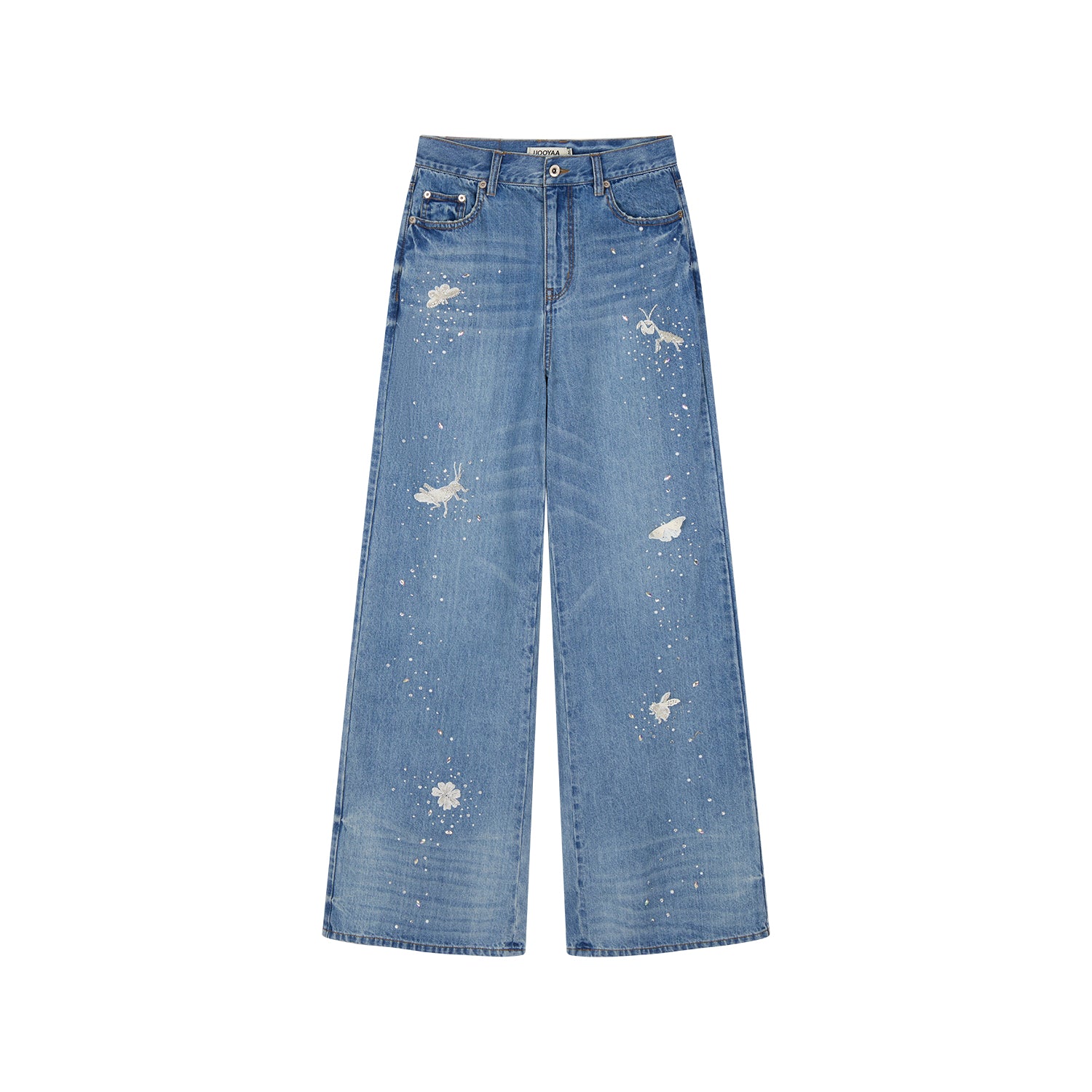 Insect-beaded rhinestone denim pants