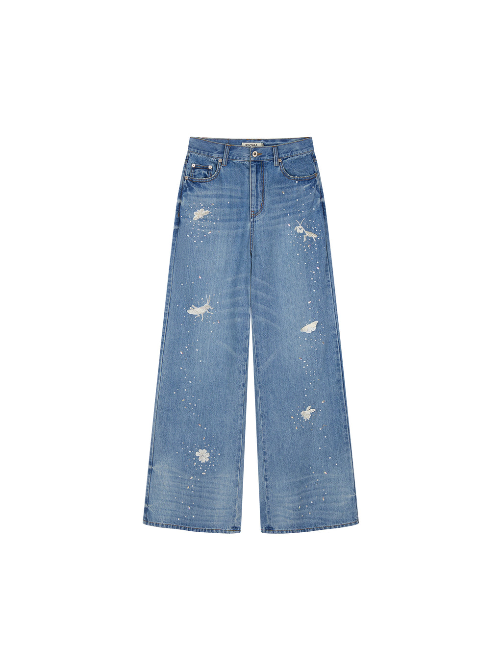 Insect-beaded rhinestone denim pants