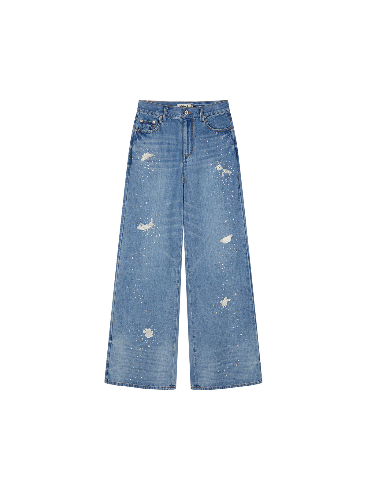 Insect-beaded rhinestone denim pants