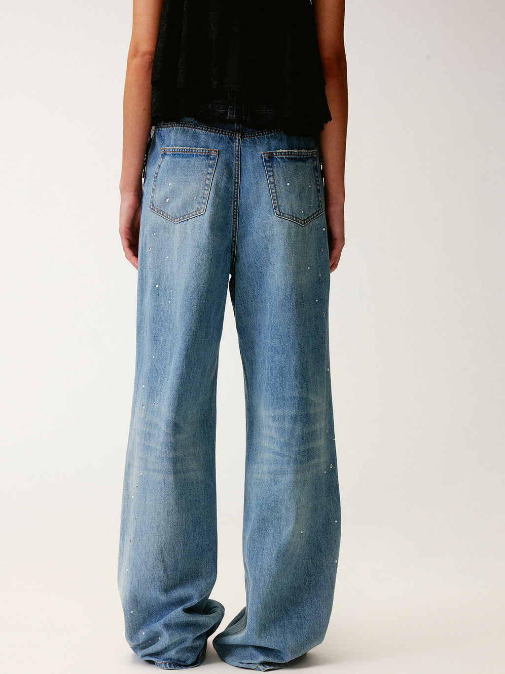 Insect-beaded rhinestone denim pants