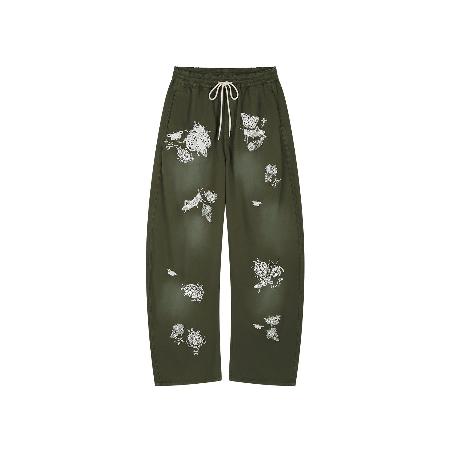 Lace insect and floral motif curved denim pants