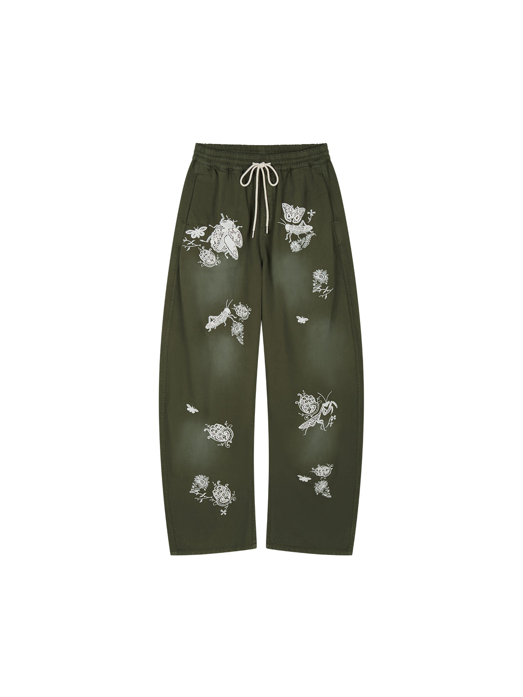 Lace insect and floral motif curved denim pants