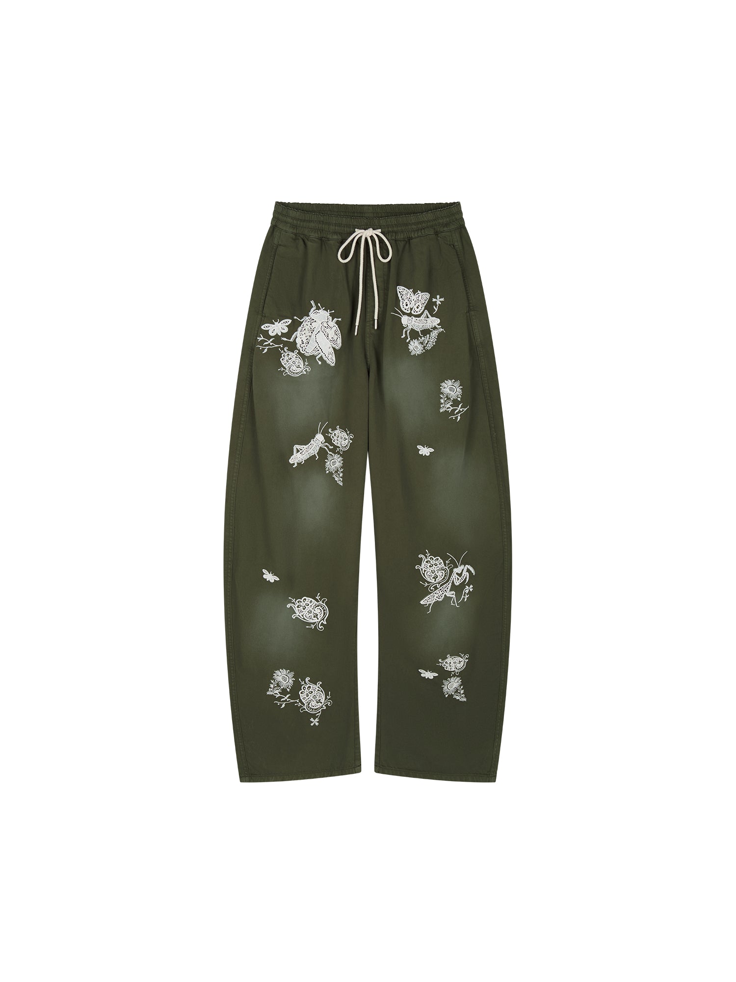 Lace insect and floral motif curved denim pants