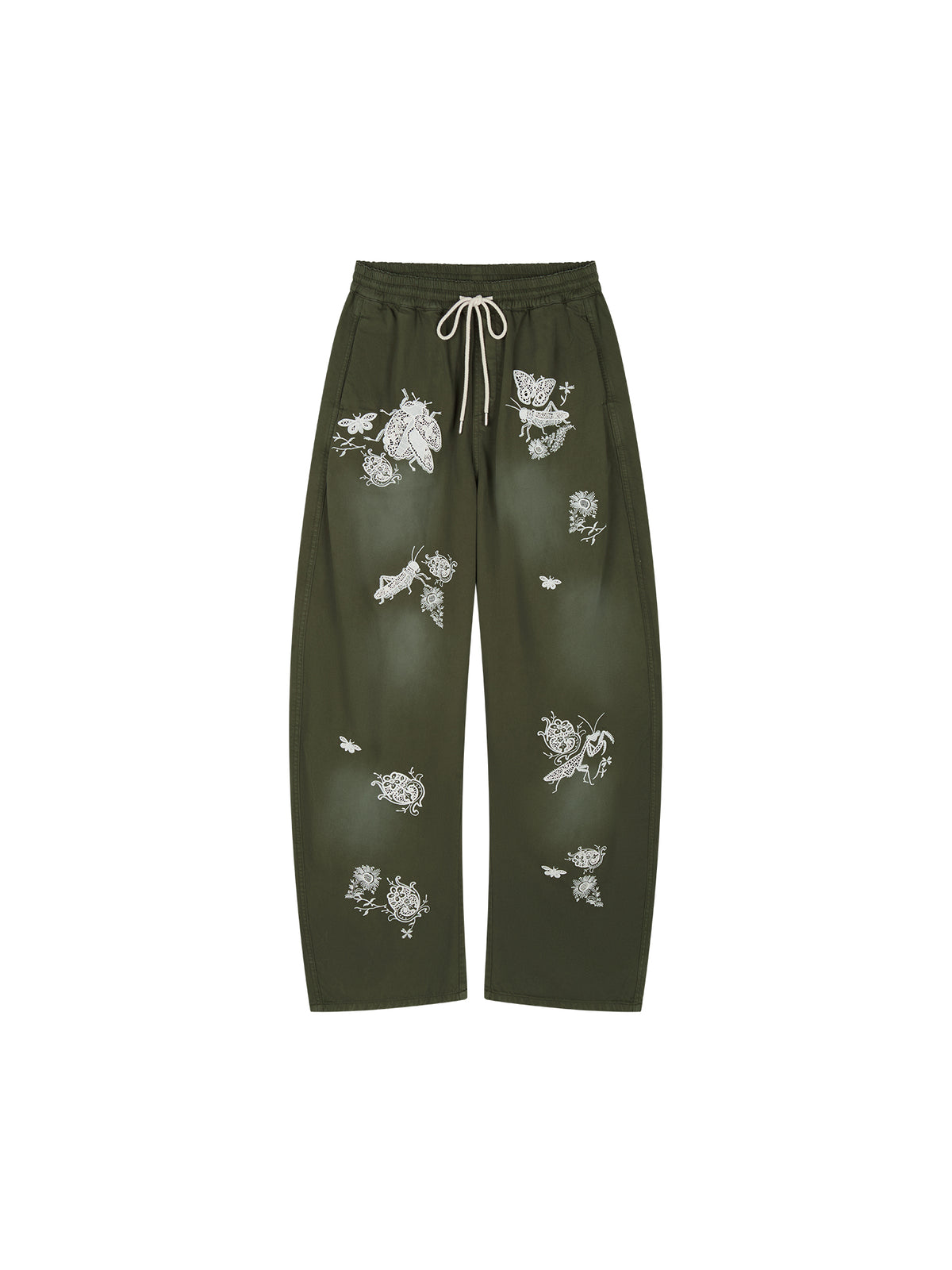 Lace insect and floral motif curved denim pants