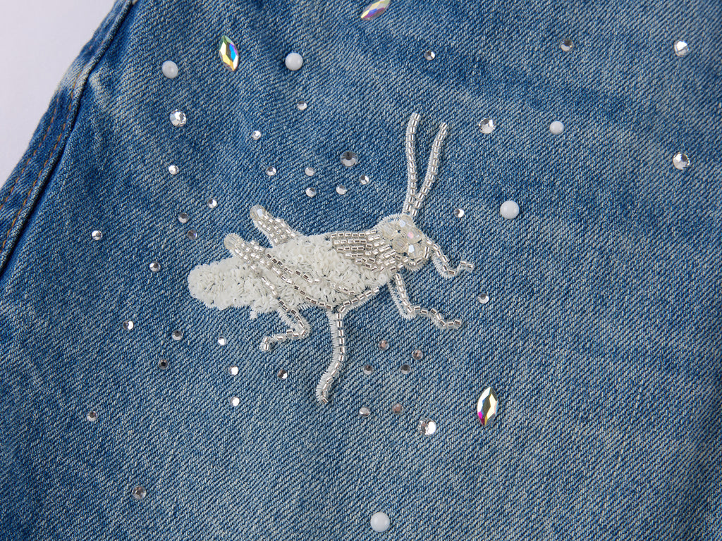 Insect-beaded rhinestone denim shorts