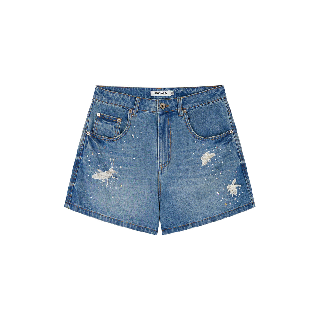 Insect-beaded rhinestone denim shorts
