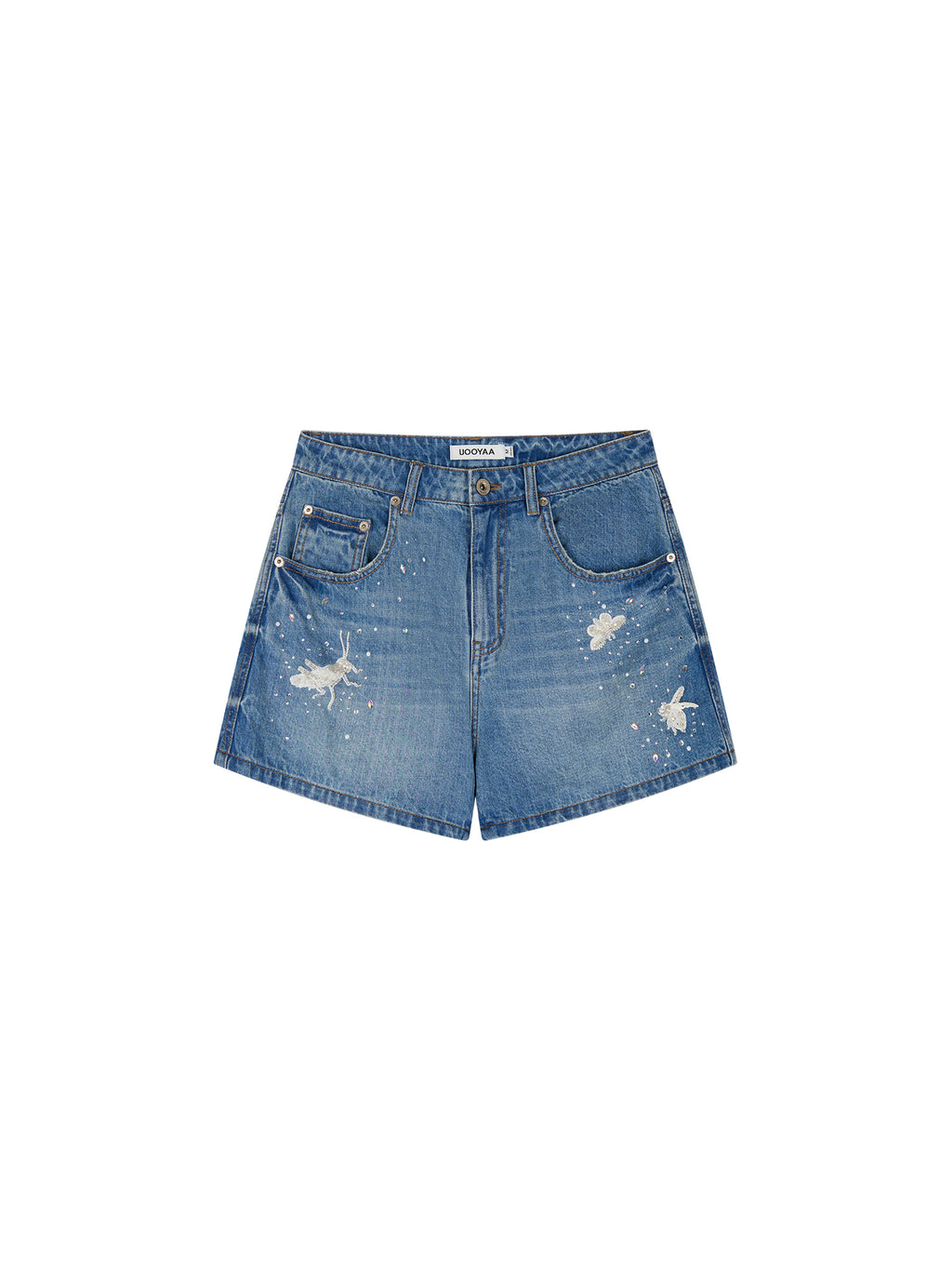Insect-beaded rhinestone denim shorts