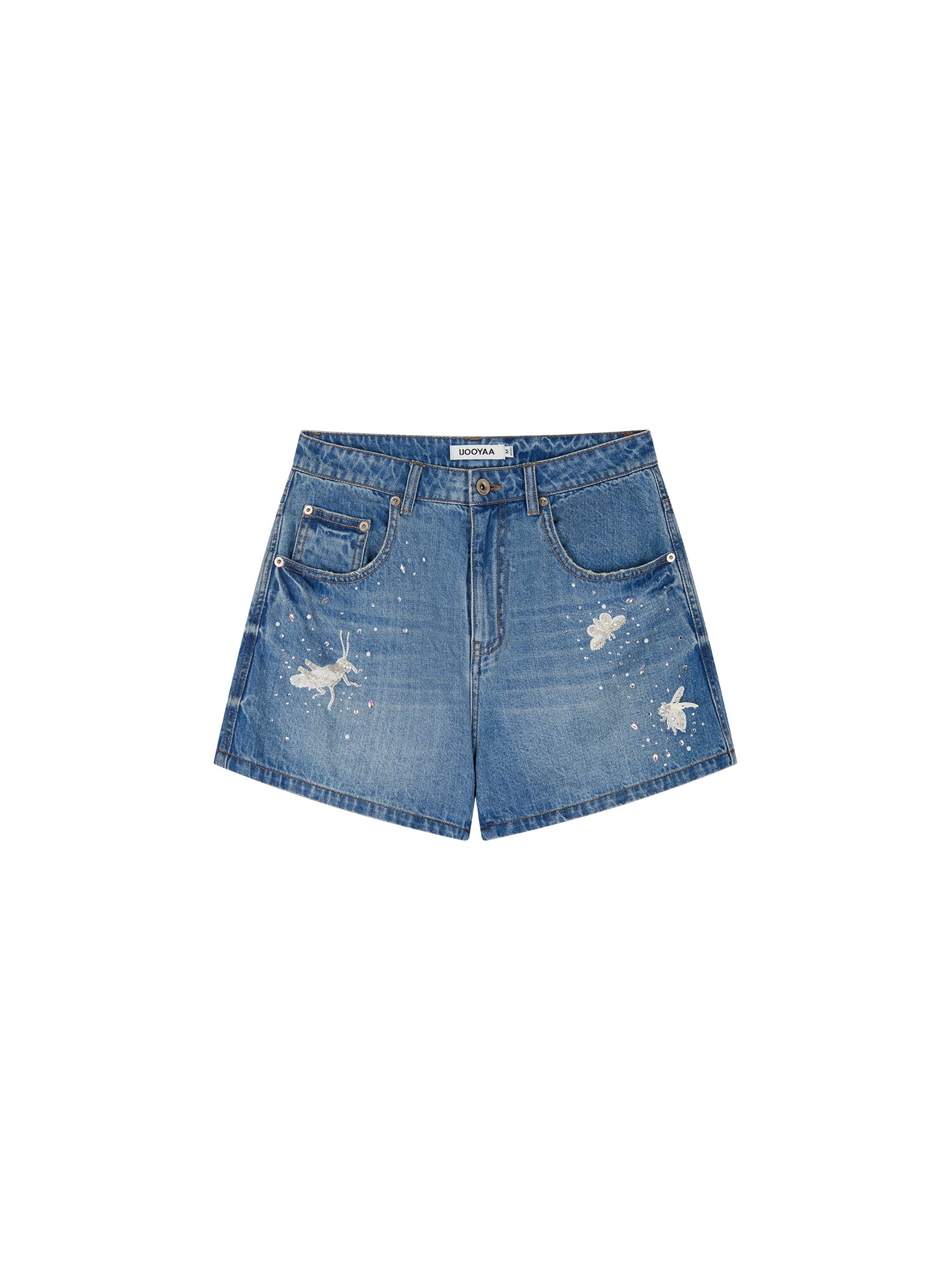 Insect-beaded rhinestone denim shorts
