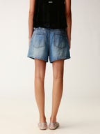 Insect-beaded rhinestone denim shorts