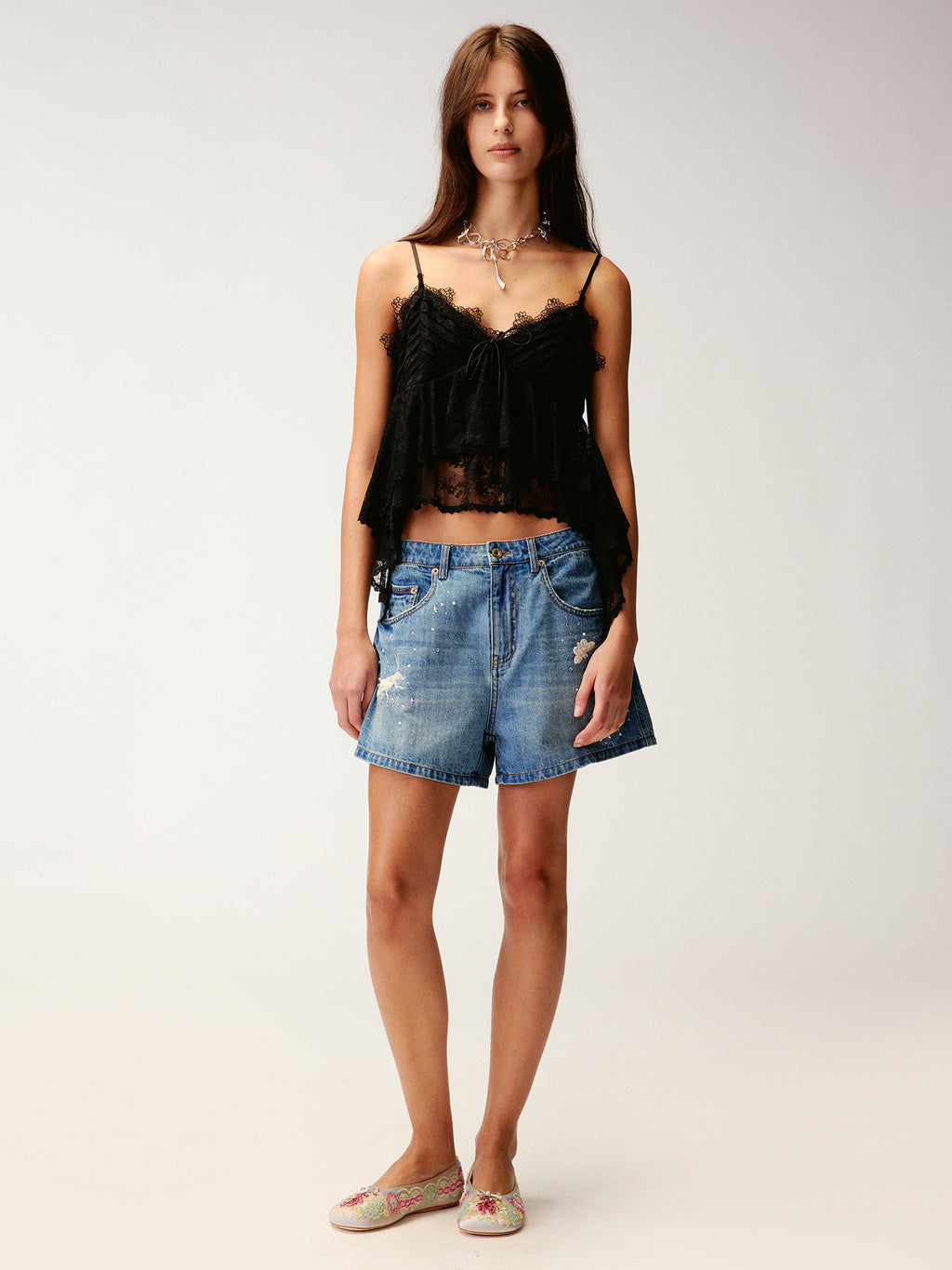 Insect-beaded rhinestone denim shorts
