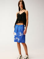 Lace insect and floral motif klein blue denim shorts